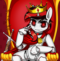 Size: 1334x1351 | Tagged: safe, artist:dacaoo, oc, oc only, oc:blackjack, cyborg, pony, unicorn, fallout equestria, fallout equestria: project horizons, amputee, artificial hands, clothes, crown, cybernetic legs, fanfic art, horn, jewelry, level 1 (project horizons), regalia, small horn, solo, sword, throne, weapon