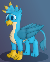 Size: 1242x1545 | Tagged: safe, artist:ebunix, gallus, griffon, g4, beak, chest fluff, claws, male, simple background, solo, standing, tail, wings