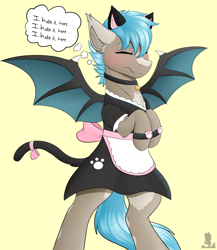 Size: 3000x3459 | Tagged: safe, artist:monsoonvisionz, oc, oc only, bat pony, pony, bat pony oc, bell, bell collar, cat ears, clothes, collar, crossdressing, high res, maid, male, sad cat dance, solo, sternocleidomastoid
