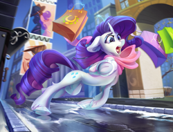 Size: 3500x2677 | Tagged: safe, artist:mithriss, rarity, pony, unicorn, city, clothes, dynamic pose, falling, female, high res, ice, manehattan, mare, open mouth, outdoors, raised hoof, road, scared, scarf, shopping, slipping, snow, solo, this will end in tears