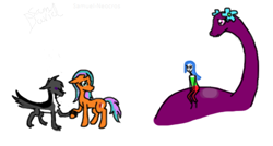 Size: 444x238 | Tagged: safe, artist:samuel-neocros, oc, dinosaur, earth pony, pony, earth pony oc, female, holding hooves, looking back, mare, simple background, white background