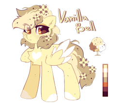 Size: 2000x1700 | Tagged: safe, artist:mirtash, oc, oc only, oc:vanilla bell, pegasus, pony, chest fluff, color palette, cute, feather, female, flower, flower in hair, flower in tail, food, ice cream, mare, pegasus oc, reference sheet, simple background, solo, tail, transparent background, vanilla