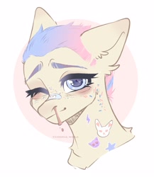 Size: 2600x3000 | Tagged: safe, artist:avroras_world, oc, oc only, earth pony, pony, bandaid, bandaid on nose, blood, bust, ear fluff, earth pony oc, freckles, high res, nosebleed, one eye closed, simple background, solo, tattoo, white background, wink