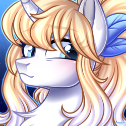 Size: 3000x3000 | Tagged: safe, artist:kannakiller, oc, oc only, oc:scarlett holmes, pony, unicorn, blushing, chest fluff, commission, digital art, feather, female, high res, horn, icon, looking at you, mare, simple background, solo, tail