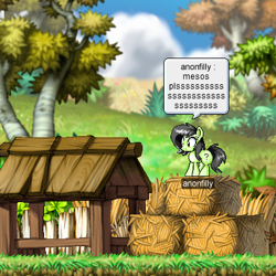 Size: 400x400 | Tagged: safe, artist:yidwags, oc, oc only, oc:filly anon, begging, dialogue, female, filly, hay bale, maplestory, pixel art, png, speech bubble, tree