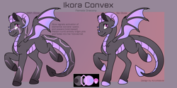 Size: 2100x1050 | Tagged: safe, artist:acry-artwork, oc, oc only, oc:ikora convex, dracony, dragon, hybrid, pony, color palette, destiny (video game), dracony oc, female, glowing, mare, reference sheet, solo
