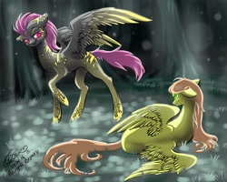 Size: 1280x1024 | Tagged: safe, artist:avroras_world, oc, oc only, pegasus, pony, duo, outdoors, pegasus oc, signature, wings