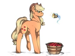 Size: 512x384 | Tagged: safe, artist:binibean, applejack, bee, earth pony, insect, pony, g4, apple, female, food, queen bee, simple background, solo, white background