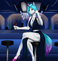 Size: 1219x1280 | Tagged: safe, artist:hella_noided, oc, oc only, unicorn, anthro, unguligrade anthro, absolute cleavage, alcohol, bar, black dress, breasts, cleavage, clothes, colored hooves, colored horn, crossed legs, dress, female, glass, hair over one eye, horn, jewelry, looking at you, midriff, necklace, public, solo, tail, thighs, two toned hair, two toned tail, unicorn oc, wine, wine glass