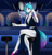 Size: 1219x1280 | Tagged: safe, artist:hella_noided, oc, oc only, unicorn, anthro, unguligrade anthro, absolute cleavage, alcohol, bar, black dress, breasts, cleavage, clothes, colored hooves, colored horn, crossed legs, dress, female, glass, hair over one eye, horn, jewelry, looking at you, midriff, necklace, public, solo, tail, thighs, two toned hair, two toned tail, unicorn oc, wine, wine glass