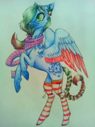 Size: 1224x1632 | Tagged: safe, artist:avroras_world, oc, oc only, pegasus, pony, clothes, colored wings, hair over one eye, pegasus oc, rearing, scarf, smiling, socks, solo, striped socks, traditional art, two toned wings, wings