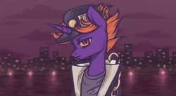 Size: 1024x560 | Tagged: safe, artist:polyblank, pony, unicorn, clothes, hat, jacket, jojo's bizarre adventure, jotaro kujo, night, ponified, skyline, solo