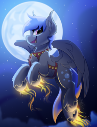 Size: 1900x2500 | Tagged: safe, artist:starcasteclipse, part of a set, oc, oc only, pegasus, pony, commission, female, flying, glowing, glowing hooves, harness, jingle bells, mare, moon, night, smiling, solo, tack, ych result