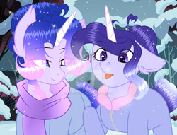 Size: 800x611 | Tagged: safe, artist:existencecosmos188, oc, oc only, oc:existence, pony, :p, clothes, deviantart watermark, duo, ethereal mane, forest, obtrusive watermark, outdoors, scarf, snow, snowfall, starry mane, tongue out, watermark