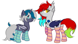 Size: 3509x2000 | Tagged: safe, artist:howie, oc, oc only, oc:elizabat stormfeather, oc:revy recorda, alicorn, bat pony, bat pony alicorn, pony, alicorn oc, bat pony oc, bat wings, bedroom eyes, clothes, commission, cute, duo, ear piercing, earring, eyebrow piercing, female, high res, horn, jewelry, lip piercing, mare, nose piercing, piercing, raised hoof, simple background, size difference, snake bites, socks, striped socks, transparent background, wings, ych result
