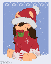 Size: 1208x1500 | Tagged: safe, artist:binkyroom, oc, oc only, pony, unicorn, babyfur, blushing, christmas, clothes, commission, cute, female, hat, holiday, pacifier, santa hat, scarf, snow, snowfall, snowflake, solo, striped scarf, winter, winter outfit, ych result