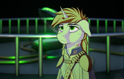 Size: 2000x1278 | Tagged: safe, artist:fluffyorbiter, oc, oc only, oc:littlepip, pony, unicorn, fallout equestria, 3d, 3d model, bags under eyes, bandolier, belt, belts, blade runner, blade runner 2049, clothes, fanfic art, green eyes, horn, jumpsuit, leather, looking up, scar, shoulder pads, single pegasus project, solo, tired, tired eyes