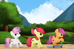 Size: 3000x2000 | Tagged: safe, artist:daftramms, apple bloom, scootaloo, sweetie belle, earth pony, pegasus, pony, unicorn, g4, cute, cutie mark crusaders, fanart, high res, scooter, trio, walking