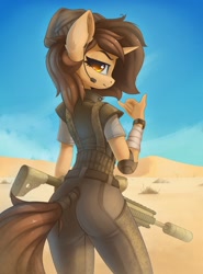 Size: 1328x1794 | Tagged: safe, artist:anti1mozg, oc, oc only, unicorn, anthro, ass, butt, gun, solo, weapon