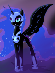 Size: 3000x4000 | Tagged: safe, artist:flaremoon, nightmare moon, alicorn, pony, g4, armor, bedroom eyes, concave belly, female, grin, high res, looking at you, mare, show accurate, slender, smiling, smiling at you, solo, spread wings, tall, thin, wings