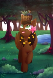 Size: 874x1280 | Tagged: safe, artist:scarlet-spectrum, oc, oc only, oc:akina, pegasus, pony, africa, african, african pony, basket, basket on head, brown coat, brown mane, carrying, cute, dreadlocks, ear fluff, ears, female, flower, flower in hair, forest, grass, herbs, looking up, mare, ocbetes, on head, open mouth, open smile, outdoors, plant, pond, smiling, solo, tree, water