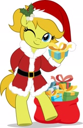 Size: 1325x2048 | Tagged: safe, artist:jhayarr23, oc, oc only, earth pony, pony, bipedal, christmas, clothes, commission, costume, holiday, mistleholly, one eye closed, present, santa costume, simple background, solo, white background, wink, ych result