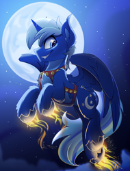 Size: 1900x2500 | Tagged: safe, artist:starcasteclipse, part of a set, oc, oc only, oc:night sky (polak23), alicorn, pony, alicorn oc, commission, flying, glowing, glowing hooves, harness, horn, jingle bells, male, moon, night, smiling, solo, stallion, tack, wings, ych result