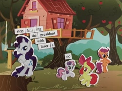 Size: 2048x1526 | Tagged: safe, artist:ponymagnets, apple bloom, rarity, scootaloo, sweetie belle, g4, apple, apple tree, clubhouse, crusaders clubhouse, cutie mark crusaders, meme, photo, ponymagnets, tree, tree stump