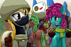 Size: 3000x2000 | Tagged: safe, artist:dr-fade, oc, earth pony, pony, bag, clothes, crowd, current events, earth pony oc, female, food, helmet, high res, hug, kherson, knife, looking at each other, looking at someone, mare, military uniform, mouth hold, nation ponies, national flag, ponified, saddle bag, soldier, ukraine, uniform, watermelon