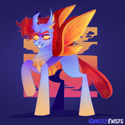 Size: 1500x1500 | Tagged: safe, artist:ghastlyexists, oc, oc only, oc:lovebug, changedling, changeling, changeling oc, fangs, gradient hooves, horn, looking at you, shading, shadow, simple background, smiling, smiling at you, solo, spread wings, standing, watermark, wings
