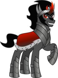 Size: 1712x2288 | Tagged: safe, artist:lightningbolt, derpibooru exclusive, king sombra, pony, unicorn, g4, .svg available, armor, cape, clothes, crown, curved horn, fangs, gradient horn, grin, horn, jewelry, looking at you, male, raised hoof, regalia, short tail, show accurate, simple background, smiling, solo, stallion, svg, tail, transparent background, vector