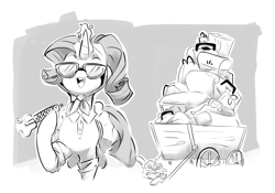Size: 1942x1358 | Tagged: safe, artist:sketchtablet, rarity, sweetie belle, pony, unicorn, g4, camping, camping outfit, cart, duo, female, filly, foal, glowing, glowing horn, horn, luggage, magic, mare, monochrome, nail file, siblings, sisters, sunglasses, telekinesis, wagon