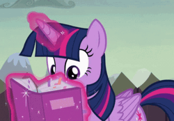 Size: 498x347 | Tagged: safe, screencap, twilight sparkle, alicorn, pony, g4, the hooffields and mccolts, animated, book, cropped, gif, glowing, glowing horn, horn, mountain, mountain range, reading, solo, sparkles, twilight sparkle (alicorn)