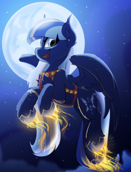 Size: 1900x2500 | Tagged: safe, artist:starcasteclipse, part of a set, oc, oc only, pegasus, pony, commission, female, flying, glowing, glowing hooves, harness, jingle bells, mare, moon, night, smiling, solo, tack, wings, ych result