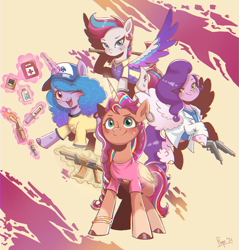 Size: 2938x3072 | Tagged: safe, artist:puyohh, izzy moonbow, pipp petals, sunny starscout, zipp storm, alicorn, pegasus, pony, unicorn, g5, artificial alicorn, artificial horn, artificial wings, augmented, colored wings, crossover, eye clipping through hair, eyebrows, eyebrows visible through hair, fanart, female, folded wings, frown, glowing, glowing horn, group, gun, high res, horn, left 4 dead, left 4 dead 2, magic, magic aura, magic horn, magic wings, mane stripe sunny, mare, multicolored wings, one eye closed, open mouth, open smile, quartet, race swap, signature, simple background, smiling, spread wings, sunnycorn, telekinesis, weapon, wings, wink, yellow background