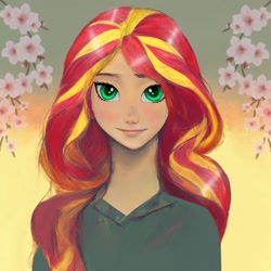 Size: 1024x1024 | Tagged: safe, ai assisted, ai content, edit, editor:sammykun, generator:midjourney, sunset shimmer, human, equestria girls, g4, beautiful, beautiful eyes, clothes, cute, female, happy, humanized, looking at you, smiling, solo