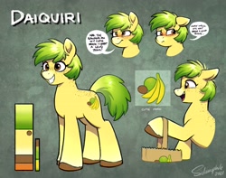 Size: 3708x2919 | Tagged: safe, artist:selenophile, oc, oc only, earth pony, pony, freckles, green mane, high res, reference sheet, solo, yellow coat