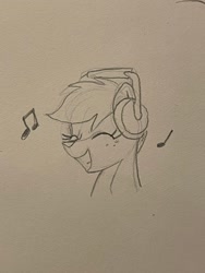 Size: 1536x2048 | Tagged: safe, artist:selenophile, oc, oc only, oc:canvas, deer, eyes closed, headphones, monochrome, music notes, smiling, solo, traditional art
