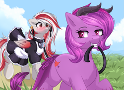 Size: 1469x1075 | Tagged: safe, artist:arllistar, oc, oc only, oc:lynn, oc:skyshard melody, hybrid, pegasus, pony, bell, blushing, clothes, cloud, collar, colorful, commission, cowbell, duo, female, grass, grin, happy, horn, horns, leash, maid, maid headdress, mare, mouth hold, nature, outdoors, owned, park, pet, pet play, purple eyes, purple fur, red eyes, red hair, smiling, walking, white fur, wings, your character here