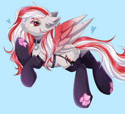 Size: 1033x942 | Tagged: safe, artist:arllistar, oc, oc:skyshard melody, pegasus, pony, black socks, blue background, butt, clothes, collar, commission, cyan background, ear fluff, female, fluffy, garter belt, garters, heart, mare, music notes, paw pads, paw socks, plot, red eyes, red hair, simple background, smiling, socks, solo, spread wings, stockings, tail, thigh highs, white fur, white mane, wings, ych result