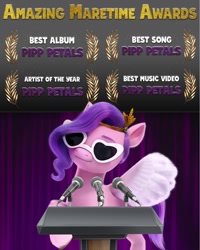 Size: 916x1144 | Tagged: safe, screencap, pipp petals, pegasus, pony, g5, my little pony: a new generation, official, award, facebook, female, glasses, microphone, solo, spread wings, wings