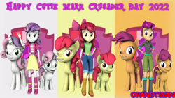 Size: 3840x2160 | Tagged: safe, artist:optimussparkle, apple bloom, scootaloo, sweetie belle, earth pony, human, pegasus, pony, unicorn, equestria girls, g4, 3d, cmc day, cutie mark crusaders, high res, older, older apple bloom, older scootaloo, older sweetie belle, source filmmaker
