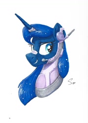 Size: 1038x1451 | Tagged: safe, artist:selenophile, princess luna, alicorn, pony, g4, headset, science fiction, signature, simple background, solo, traditional art, white background