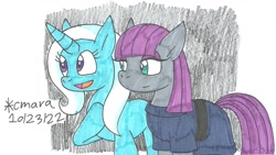 Size: 1352x760 | Tagged: safe, artist:cmara, maud pie, trixie, earth pony, pony, unicorn, g4, duo, traditional art