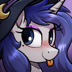 Size: 1200x1200 | Tagged: safe, artist:selenophile, oc, oc only, oc:moonlit silver, pony, unicorn, :p, blue eyes, blushing, eyeshadow, female, gray coat, happy, hat, horn, makeup, mole, solo, tongue out, unicorn oc, witch, witch hat