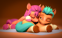 Size: 3192x1983 | Tagged: safe, artist:sfmaniaceq, hitch trailblazer, sunny starscout, earth pony, pony, g5, 3d, cuddling, duo, female, heart, hoof heart, lying down, lying on top of someone, male, mare, resting, ship:starblazer, shipping, sleeping, source filmmaker, stallion, straight, underhoof, upside-down hoof heart