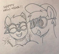 Size: 1354x1242 | Tagged: safe, artist:selenophile, oc, oc only, oc:canvas, oc:seleno, deer, pony, duo, happy new year, holiday, monochrome, novelty glasses, pencil drawing, sparkler (firework), traditional art
