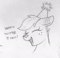Size: 2994x2940 | Tagged: safe, artist:selenophile, oc, oc only, oc:canvas, deer, eyes closed, hat, high res, monochrome, open mouth, party hat, pencil drawing, solo, traditional art