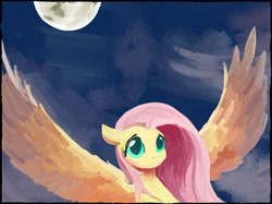 Size: 3250x2428 | Tagged: safe, artist:paintedskies, fluttershy, pegasus, pony, g4, bust, female, flying, high res, mare, moon, moonlight, night, outdoors, painting, simple background, solo, spread wings, three quarter view, wings