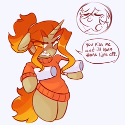 Size: 749x746 | Tagged: safe, artist:drawtheuniverse, oc, oc only, oc:scorching storm, pony, unicorn, angry, bipedal, blushing, clothes, dialogue, eye clipping through hair, eyes closed, floppy ears, gritted teeth, kissy face, nose wrinkle, offscreen character, puckered lips, simple background, solo focus, suspended, sweater, teeth, white background